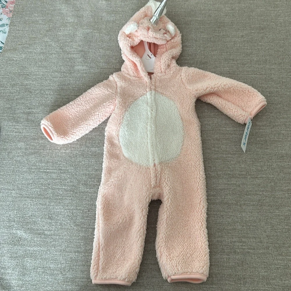 Carters hooded fleece Pink/white unicorn 1 piece outfit/costume. Size 9 mo. NWT - Picture 3 of 12